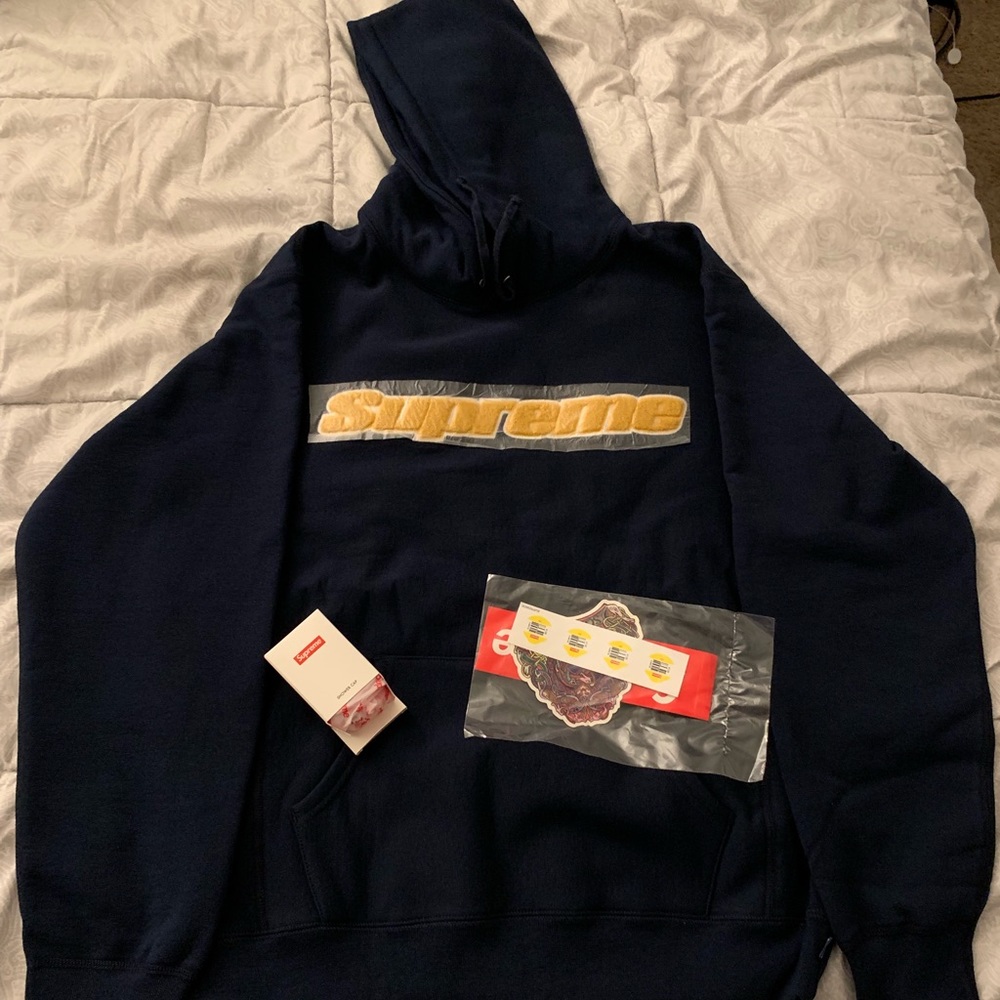 Supreme Chenille Hoodie Navy Blue with Gold XL